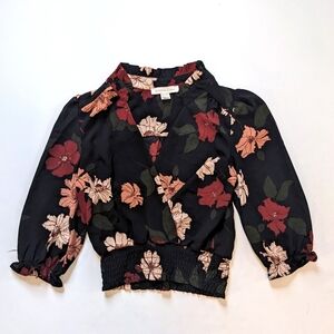 Monteau Floral Floral V-neck Top Black Red Green